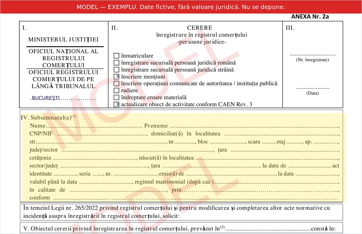 Aceeași cerere ONRC Anexa 2a, cu secțiunea IV „Subsemnatul(a)” evidențiată în galben — zona pe care o completează cel care depune cererea: nume, CNP, domiciliu, act de identitate.